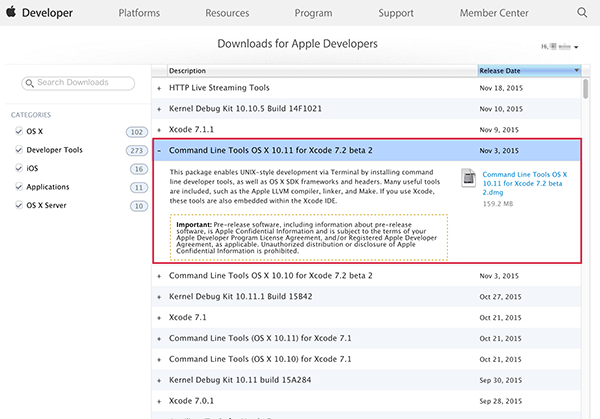 Command Line Tools OS X 10.11 for Xcode ダウンロードページ